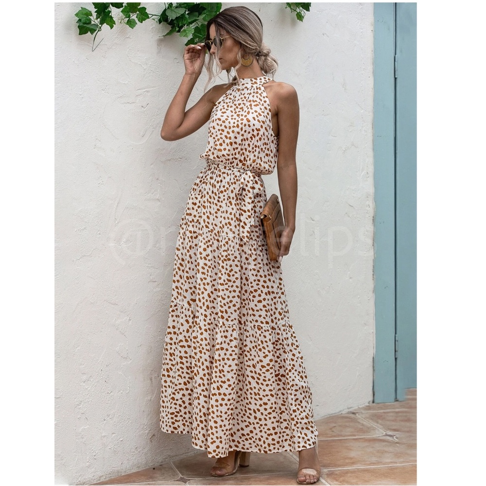 Spotted Print Maxi Dress Tie Belt High Neck - Picture 4 of 10